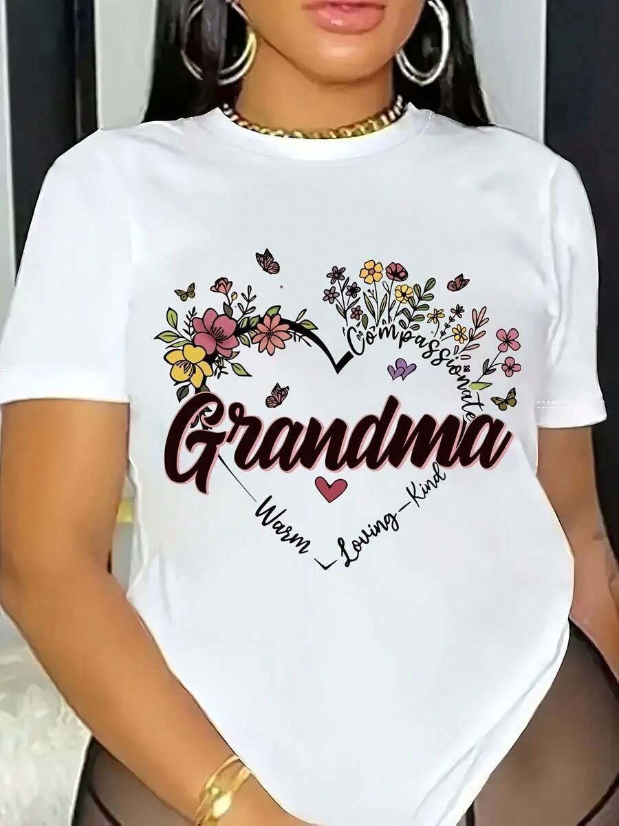 Women's Casual Round Neck T-Shirt - Grandma I'm Loving You More Floral Letter Print, All-Season Machine Washable Top For Mother's Day, Valentine's & Family Gifts, Grandmother T-Shirts, Holiday Apparel, Vibrant Design, Durable Stitching, Printed Tee, Sentimental Buyers - 白色 - 查看 1
