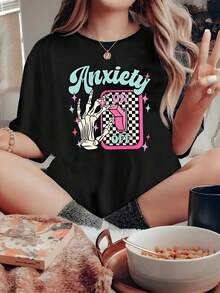 Anxiety On Off Graphic Black T - Shirt,220g Cotton Women's Casual Printed T-Shirt, Crew Neck Pullover Short-Sleeve