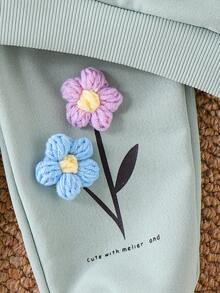 2 件女童休闲可爱荷叶边花卉字母印花长袖上衣和裤子套装，春秋 - 綠色 - 查看 8