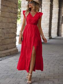 Long Beach Dress With Wrap Hem And Ruffle, Vacation Outfit For Women - Red - View 11