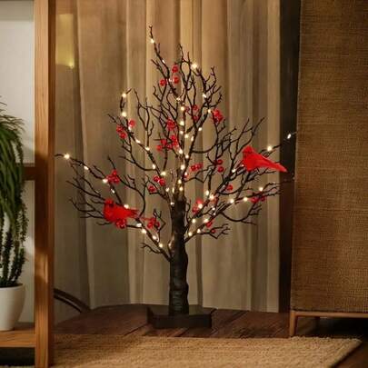 1 Peça Árvore Vintage Brilhante com Cardeais de 20,47 Polegadas, 60 LEDs, Árvore de Bétula Preta com 2 Pássaros Vermelhos e Bonsai, Lâmpada Decorativa de Mesa Alimentada por Bateria e USB para Peça Central de Mesa, Decoração de Natal e Ano Novo Interno em Casa