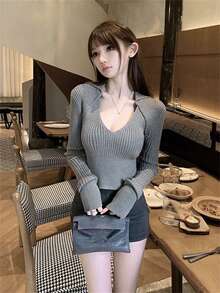 Sexy Slim Fit V-Neck Pullover Sweater, Accentuates Body Curves, Long Sleeve Knit Top
