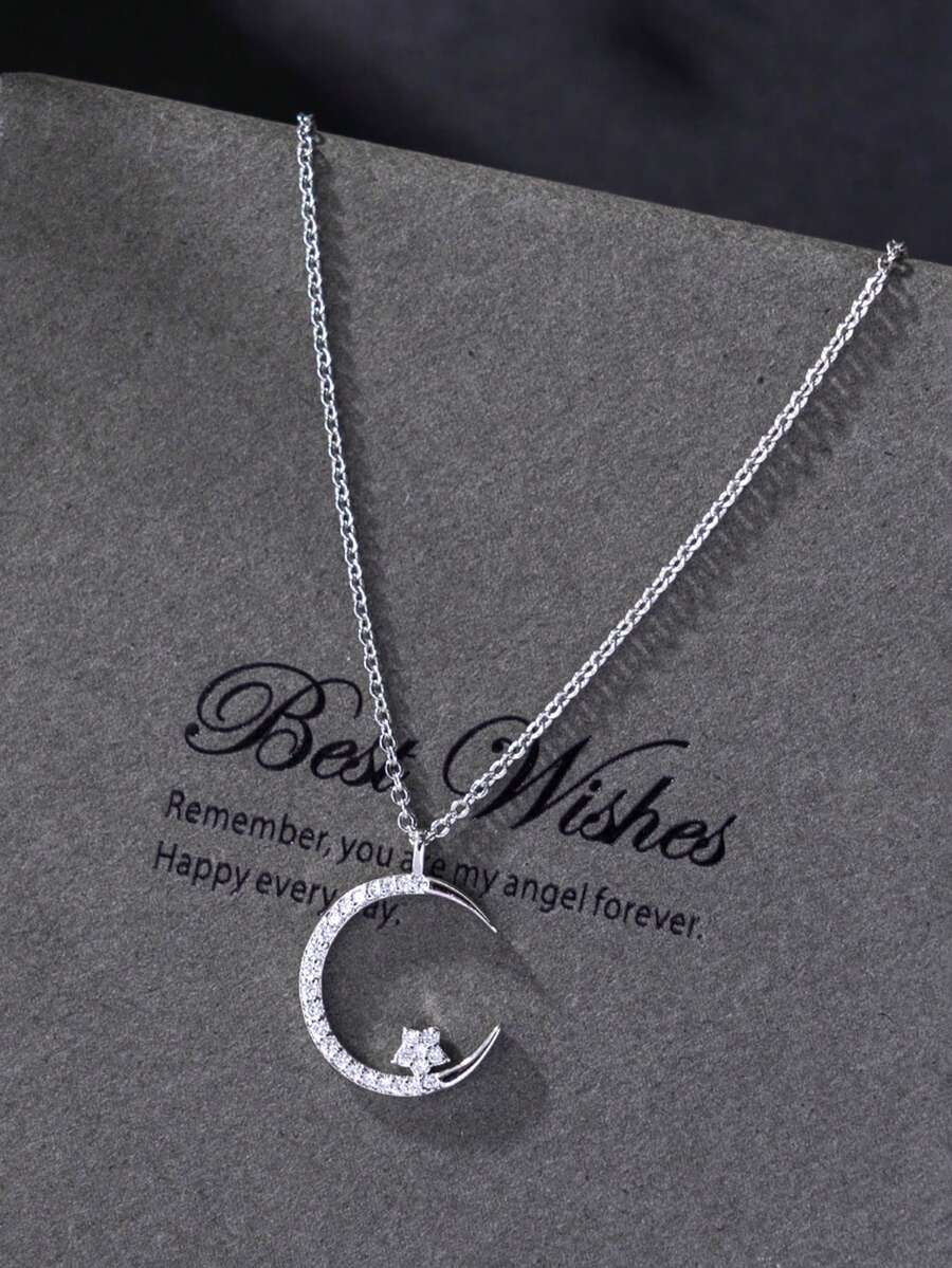 1 chiếc mặt dây chuyền đá Zirconia lấp lánh chúc mừng Eid Mubarak, kiểu dáng tối giản, thanh lịch, dễ thương, phù hợp để đeo hàng ngày. Trang sức đeo quanh xương đòn, cũng có thể đeo trong mùa Ramadan. - Bạc - Xem 1