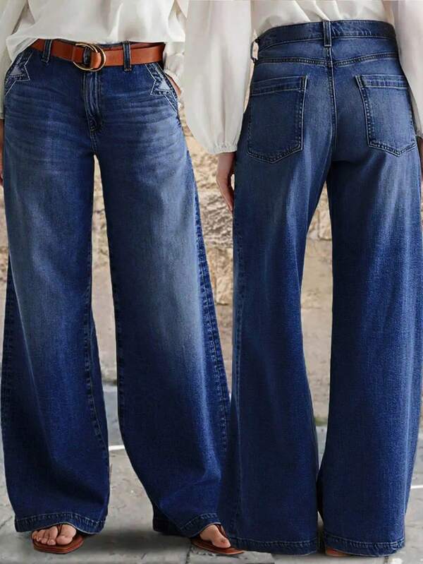 Plus Size Women Distressed Elastic Waist Wide Leg Straight Jeans, Casual Pockets Mom Pants, Autumn