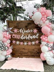 3pcs Pink, Blue Glitter Winter Onederland 1st Birthday Decorations, Winter Onederland Backdrop Banner, Snowflakes, Winter Wonderland, Frozen Theme Birthday, Shower, Winter, Christmas, New Year Party Supplies - Pink - View 3
