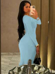 Fashionable Pleated Round Neck Long Sleeve Slim Fit Dress, Lightweight For Spring/Summer Elegant - Baby Blue - View 2
