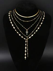 5 件时尚简约十字架吊坠，仿珍珠 Y 型项链套装，金色，女士多层项链，适合度假、约会、派对、生日、圣诞礼物，百搭日常佩戴