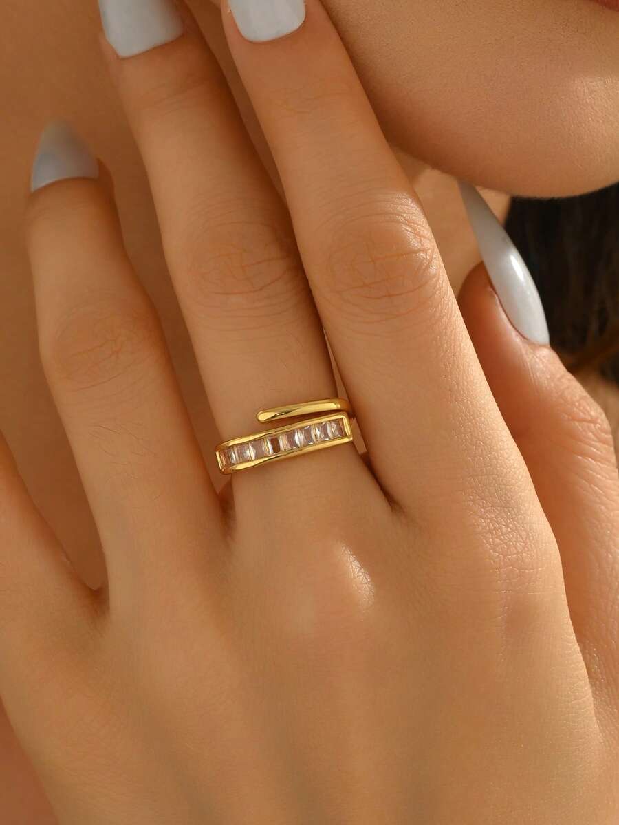 1 chiếc nhẫn mạ vàng 18K bằng đồng, hình vuông, đính đá Cubic Zirconia, kiểu dáng tinh tế, sang trọng, phù hợp cho cả đeo hàng ngày và dự tiệc, món quà tuyệt vời dành cho bạn gái, quà tặng xã giao. - Nhẫn vuông hình học - Xem 1