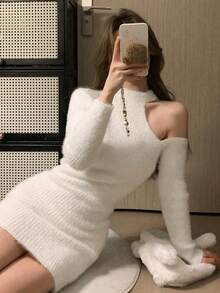 露肩纯色性感毛衣裙，约会必备 - 白色 - 查看 7