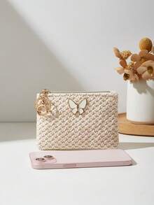 时尚新款草编包蝴蝶结口红包零钱包女士钱包迷你钱包秋季零钱包钱夹 - 米色 - 查看 3