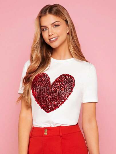 Heart-Shaped Sequined Crew Neck T-Shirt, Plain Cotton Tee For Adult, Men, Women, Teen, Teenager, Adolescent, Youth