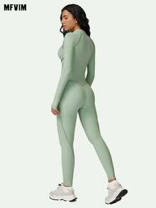 MFVIM Women's Long Sleeve Jumpsuit, Half Zip Design, Tight Fit Sexy Activewear, High Intensity Workout Yoga Outfit - Mint Green - View 4