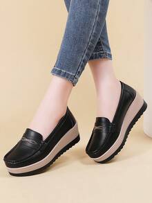 女士时尚厚底压花印花增高百搭厚底一脚蹬休闲鞋 - 黑色 - 查看 3