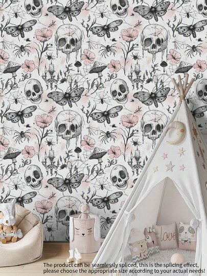 1 Roll Peel-And-Stick Gothic-Style Self-Adhesive Wallpaper – Skulls, Butterflies And Flowers. Waterproof Contact Paper, Removable Stickers. Suitable For Bedroom, Living Room, Dining Room Home Decor. Renovate Bookshelves, Alcoves, Cabinets, Tables And Furniture. Halloween Festive Gift Decoration Wallpaper.