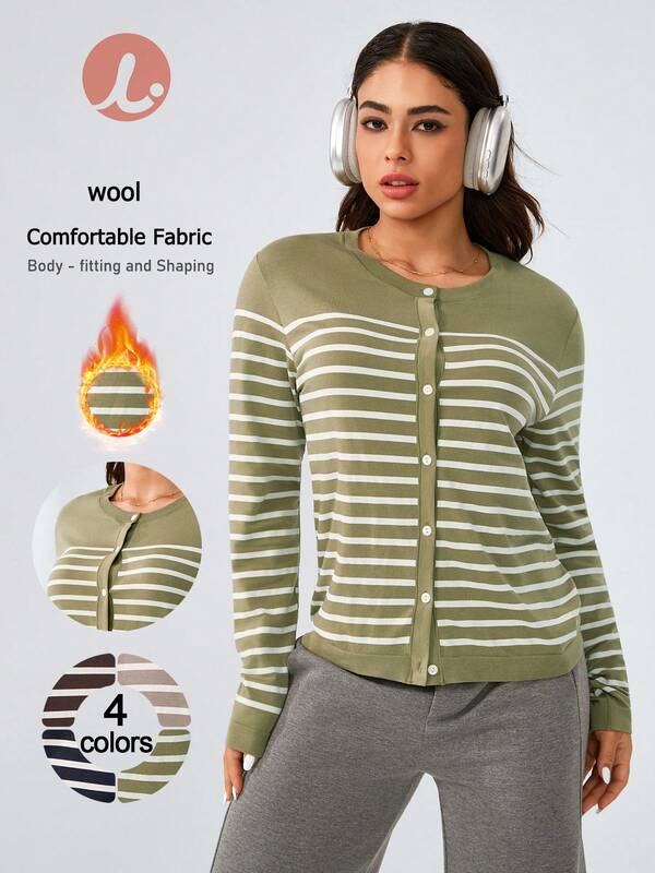 Leorrey 1pc Women's Seamless Casual Soft Comfortable Fashion Round Neck Striped Single-Breasted Fitted Knitted Wool Blend Cardigan, Suitable For Cycling, Fitness, Yoga