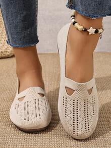 Women's Knitted Hollow-Out Breathable Slip-On Casual Flat Shoes, Relaxed, Comfortable And Stylish For Daily Wear