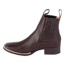 Fratello Select Fratello botas vaqueras de piel auténtica color café oscuro 1500, estilo western elegante y urbano con acabado texturizado tipo woven, perfectas para eventos formales, salidas casuales o eventos western, bota Chelsea hombre, piel grabada, western elegante, bota casual, calzado artesanal, moda masculina, bota tejida, estilo ranchero moderno - Marrón - Ver 5