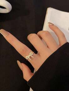 1pc Fashionable Personalized Sweet Creative Design Micro-Inlaid Cubic Zirconia Bowknot Open Ring Valentines, Mom, Mother, Mother's Day, Gift - 金子 - 查看 5