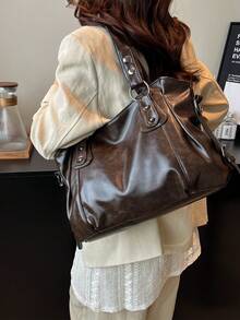 1 件复古大容量手提包，复古 PU 单肩斜挎包，女士休闲手提包和钱包 - 咖啡棕 - 查看 9
