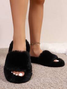 Women's Solid Color Cute Fabric Plush Slippers, Lightweight, Soft & Comfortable, European Size, Flat, Indoor For Autumn/Winter - Black - View 4