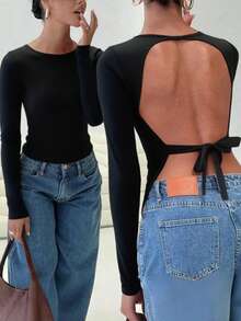 1件装女士纯色性感露背系带休闲百搭日常长袖上衣黑色春季款 - 黑色 - 查看 10
