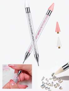 1 Set Rhinestone Picker Tool, Includes Rhinestones, Acrylic Tube Rhinestone Applicator, 3 Wax Heads Sold Separately, Double-Ended DIY Nail Art Tool (OPP Bag Packaging) - Multicolor - View 2