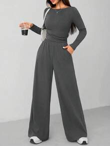PETITE Autumn And Winter Women's Knitted Slim Top + Wide Leg Pants Casual And Comfortable Home Dark Gray Two Pieces Set, Cozy Outfit, Fall Clothes
