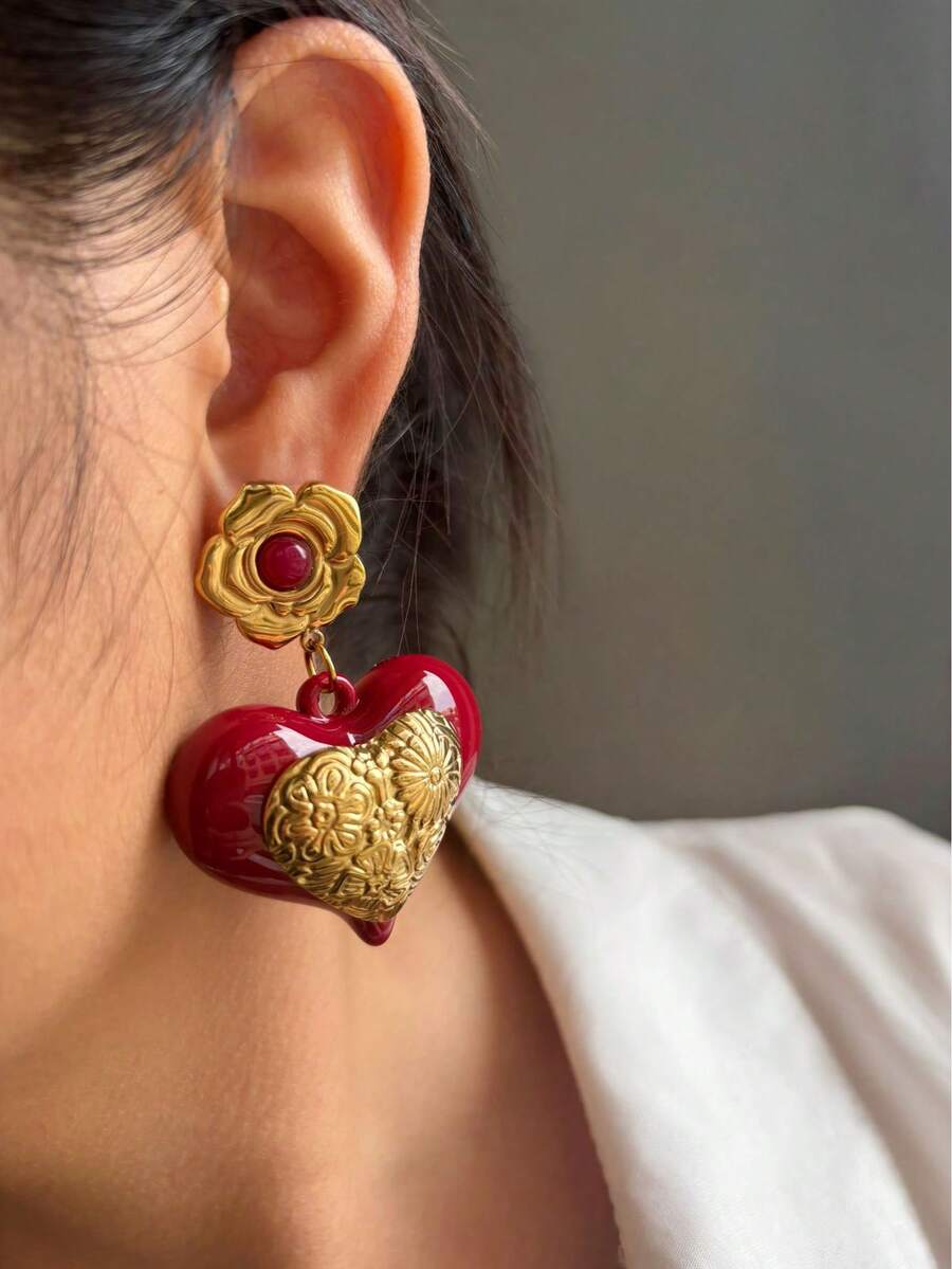 Monlansher 新款女士心形耳环，不锈钢与树脂撞色心形设计，时尚、个性化、奢华，适合日常佩戴 - 金色 - 查看 1