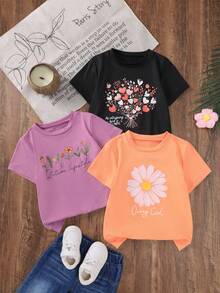 3 件女童花朵印花圆领短袖 T 恤，年轻女孩休闲夏季上衣，多色百搭，多件装 - 珊瑚橙 - 查看 14