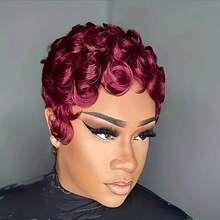 Krótka peruka typu Pixie Cut z 100% ludzkich włosów, krótka, kręcona peruka typu Pixie Cut z grzywką - przyjazna dla początkujących, bezklejowa, maszynowo wykonana peruka z naturalnych włosów o gęstości 180%, z czepkiem z siateczki różanej, do codziennego noszenia, wygodna, krótka peruka typu Pixie Cut na kostiumy na Halloween