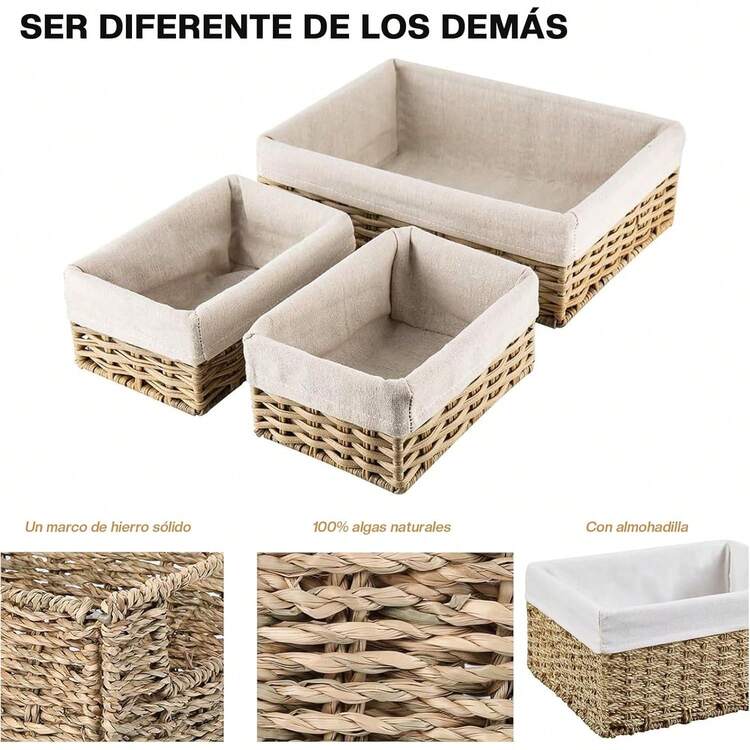 Cestas Tejidas a Mano para Almacenamiento:3 Piezas Canastas Organizadoras-rganizadora de Almacenamiento con Tres tamaños, Diseño Higiénico y Decorativo para Hogar, Dormitorio y Baño - Gris - Añade 2