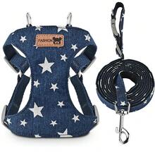 牛仔布狗背带牵引绳套装，星形图案，适合中小型犬，牛仔夹克套装，适合贵宾犬、柯基犬、幼犬宠物用品