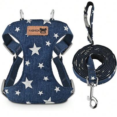 Denim Dog Harness Leash Set, Star Pattern Suitable For Small & Medium Dogs, Denim Jacket Outfit For Poodle, Corgi, Puppy Pet Supplies