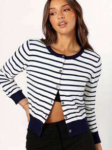 Striped Cardigan Sweater For Women Fall/Winter Sweaters For Christmas - Navy Blue - View 3