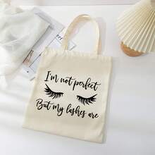 Women's Large Makeup Bag - Funny "I'm Not Perfect But My Lashes Are" Beauty Tote With Eyelash Design, Spacious Open-Top Cosmetic Organizer For Travel, Weddings, Everyday - Lightweight Gift For Makeup Lovers, Brides, Best Friends - Beige, Cute Makeup Bag, Wedding Accessory, Playful Design, Foldable Design, Versatile Accessory, Travel Essential - 米色 - 查看 8
