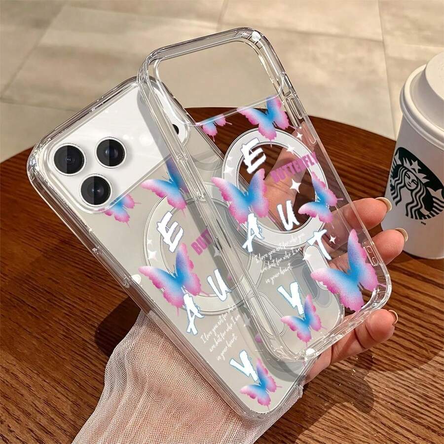 1pc Blue Pink Butterflies Pattern Transparent IPhone 17 Pro Max Mobile Phone Case, Acrylic Material Mobile Phone Case, Compatible With Magnetic Charging, Suitable For IPhone 17/17 Air/17 Pro/17 Pro Max, Can Be Used For IPhone 11/12/13/14/15/16/Pro/Plus/Pro Max/16e/ 22/23/24/25/Plus/Ultra/Fe/Edge Mobile Phone Case - 無色 - 查看 1
