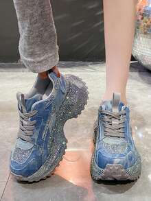 DareSee 2025春秋新款女士水钻厚底运动鞋，时尚ins风休闲跑步鞋，圣诞礼物 - 藍色 - 查看 9