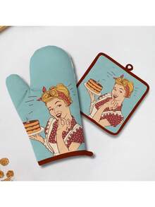 1 套防热手套和垫子，涤棉卡通人物系列，家用厨房烤箱手套，烘焙手套，耐热垫，桌面保护垫，感恩节，万圣节 - 淺藍色 - 查看 8