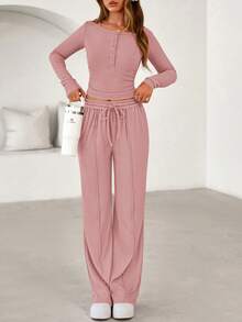 PRETTYGARDEN Women's Spring Fall 2 Piece Outfits Lounge Sets Long Sleeve Top Henley Shirts Wide Leg Pants Travel  Sweatsuit Set Women Clothes Home Clothes Going Out Outfits Sports Valentine Vacation Outfit For Women - 粉色 - 查看 4