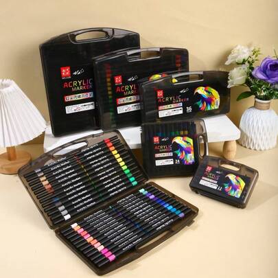 12/24/36/48/60/80Colors Black Gift Box Set Of Soft Tip Acrylic Markers For Kids' Art And Coloring, With Layerable Colors That Don't Bleed Through Paper And Are Washable, Also Suitable For Ceramic Painting.