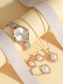 4 件套女士石英表，配有奢华水晶不锈钢表带，适合日常搭配、生日、周年纪念、万圣节和其他节日礼物，无礼盒 - 彩色 - 查看 5