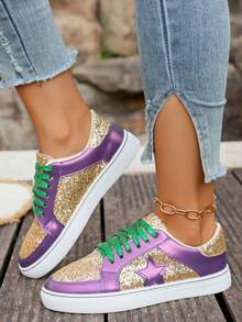 Women's Gold Sequin Patchwork Leather Round Toe Lace-Up Thick Sole Low-Top Multifunctional Fashion Casual Sneakers, Rubber Sole Waterproof Non-Slip Wear-Resistant Lightweight Flat Shoes, Spring/Autumn New Versatile Daily Casual Shoes - Purple Gold - View 3