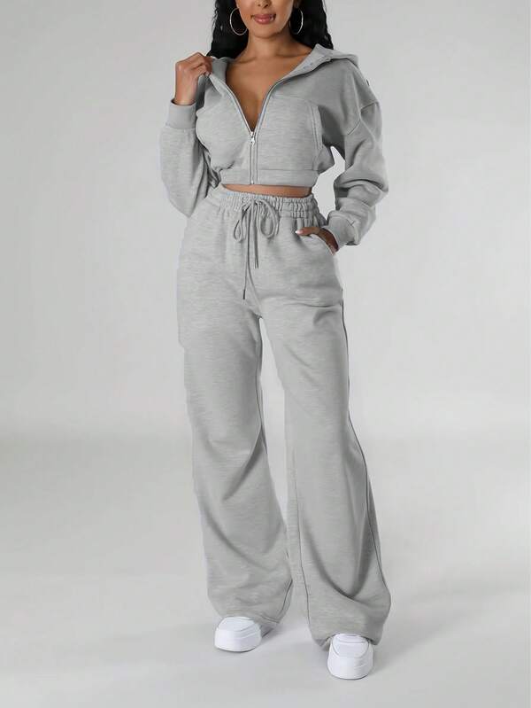 Ensemble 2 pièces pour femmes, sweat-shirt à capuche et pantalon casual de couleur unie, doublure thermique, automne/hiver