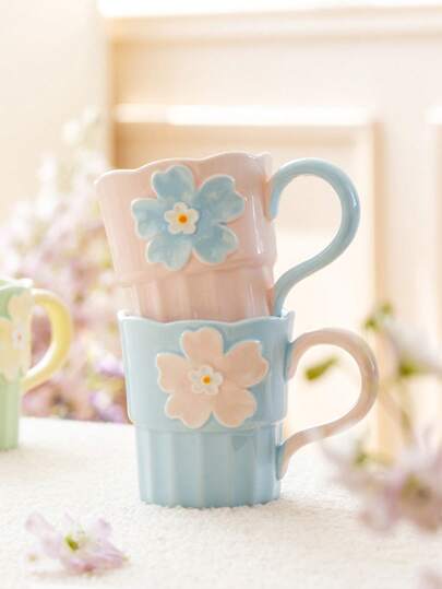 1 件浮雕花卉陶瓷杯，奶油风格饮具杯可爱陶瓷杯高品质家用水杯，适合节日礼物的可爱杯子