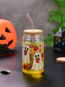 1pc Halloween Soda Cup High Borosilicate Glass Straw Cup Bamboo Lid Water Cup Heat Resistant Ins Style Glass Cup