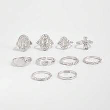 10PCS Hip Hop Diamond Crown Portrait Ring Set, Vintage Fashion Cross Jointed Ring Ring - Bạc - Xem 2