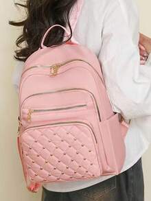 双肩包女新款菱格大容量旅行时尚全包休闲包牛津布女背包 - 粉色 - 查看 4