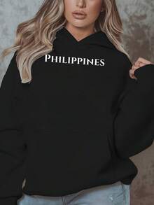 Philippines Printed Hoodie For Women, Plus Size Casual Sweatshirt, Long Sleeve Pullover With Pockets,  Knit, Autumn Winter Fashion, Lettering Detail, Oversized Top - 黑色 - 查看 1