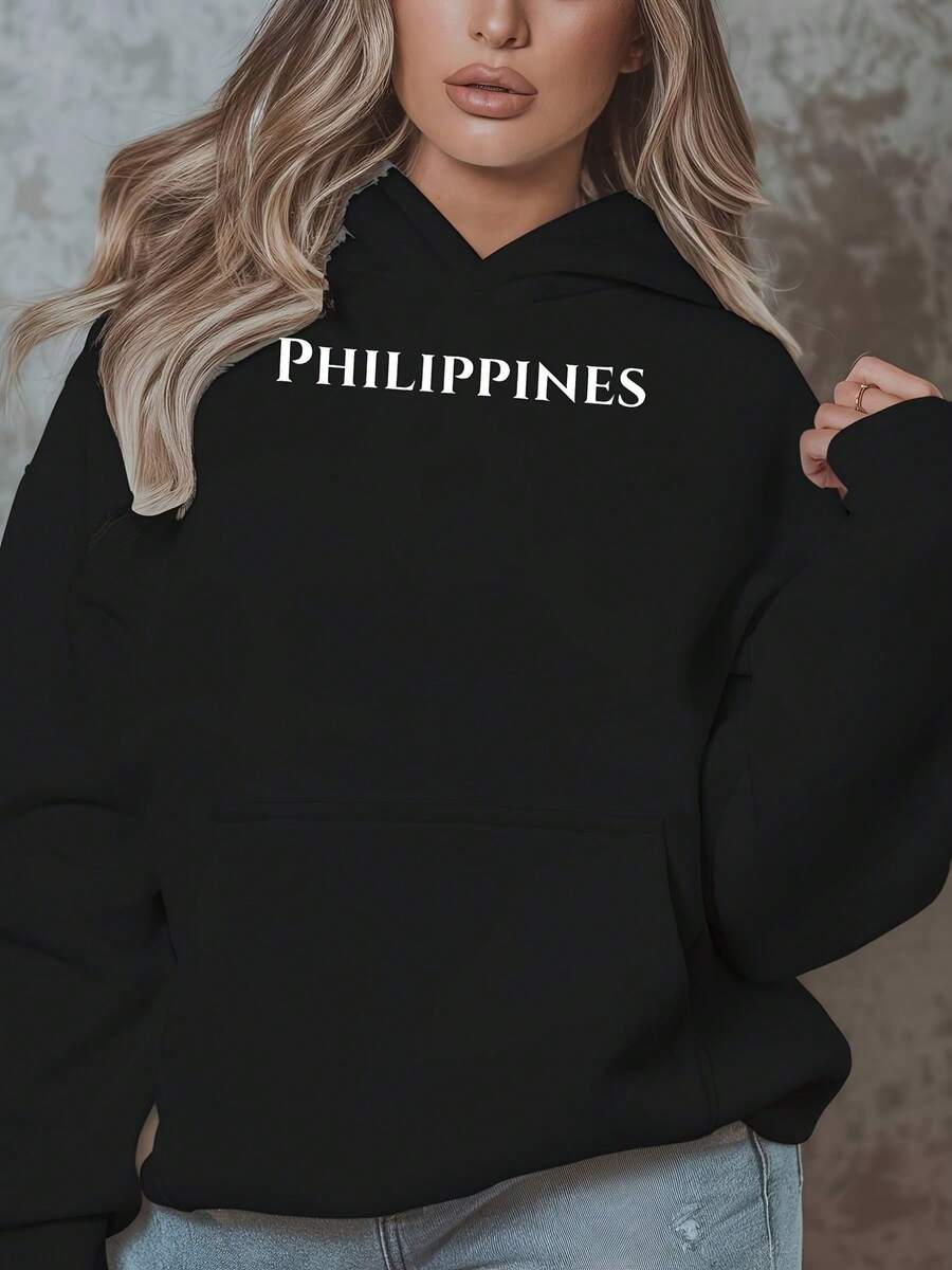 Philippines Printed Hoodie For Women, Plus Size Casual Sweatshirt, Long Sleeve Pullover With Pockets,  Knit, Autumn Winter Fashion, Lettering Detail, Oversized Top - 黑色 - 查看 1