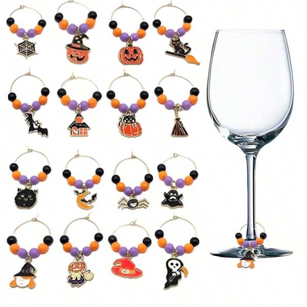 16 piezas Etiquetas de identificación de copas de vino para Halloween, Marcadores de copas de vino, Identificadores de copas, Marcadores de brindis, Decoraciones para fiestas